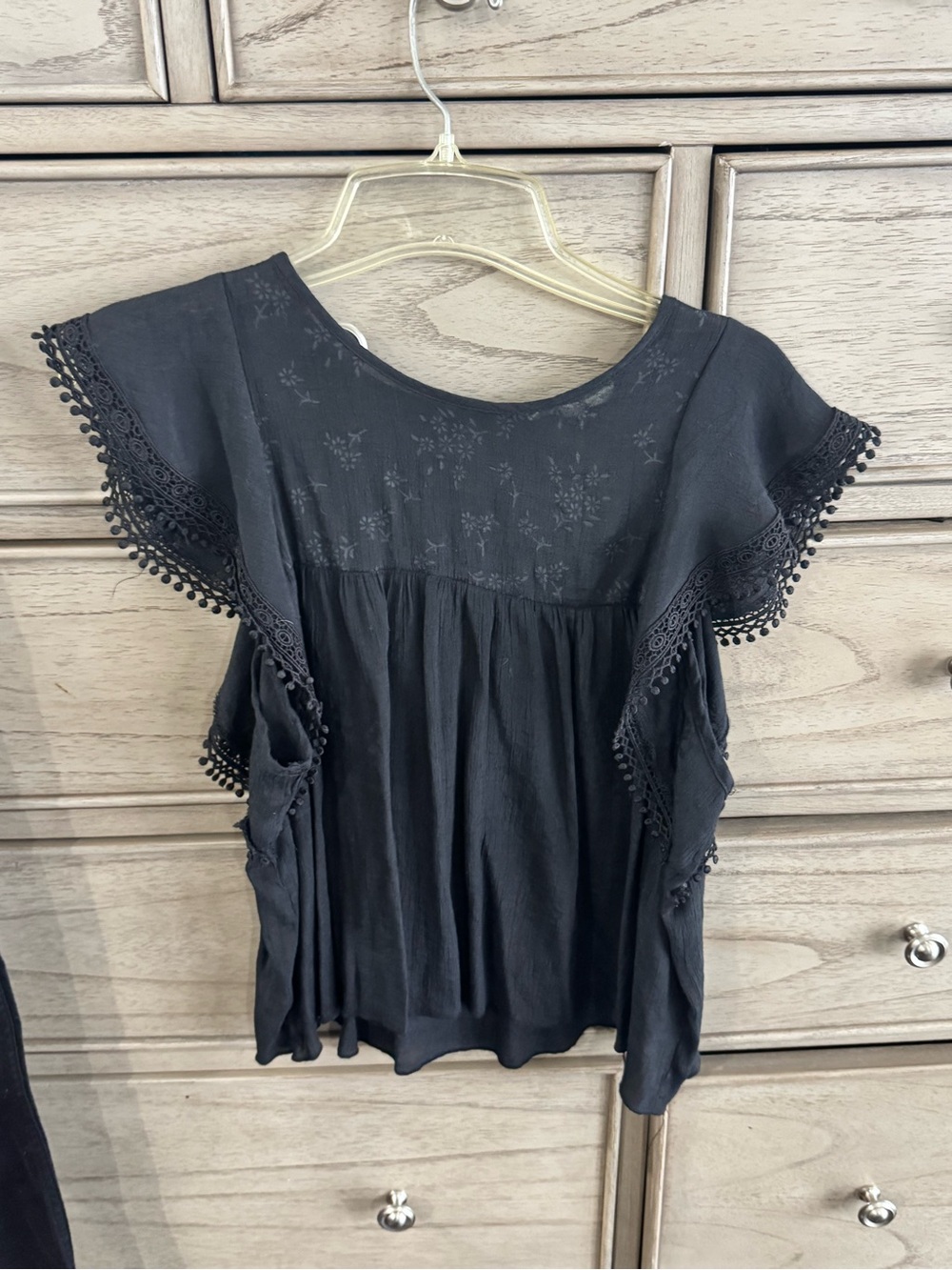 Black Crochet-Trim Flutter Sleeve Blouse - Women
